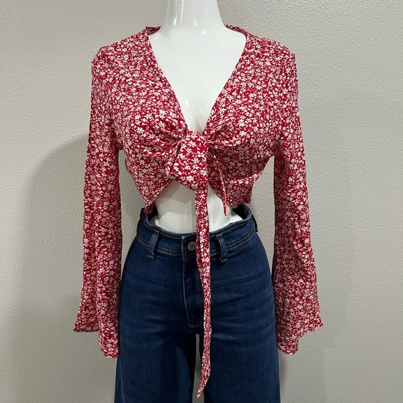 Red Floral Tie-Front Top - Picture 1 of 2